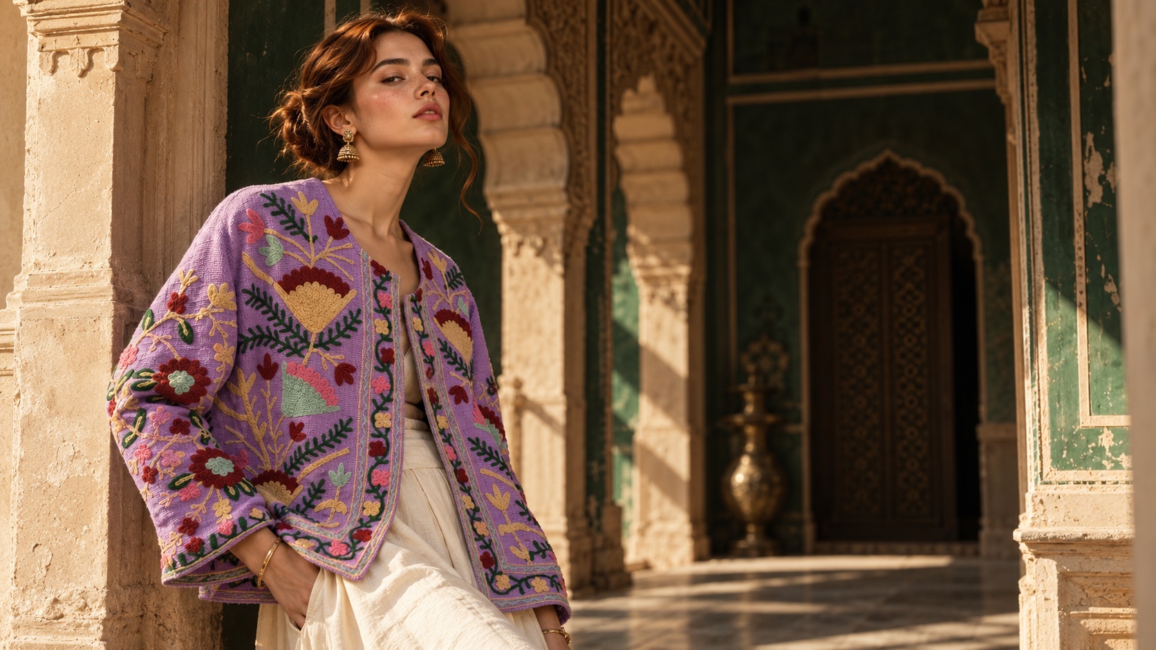 A model in a lilac jacket embroidered with florals, leaning against a carved sandstone pillar beside a green-tiled courtyard