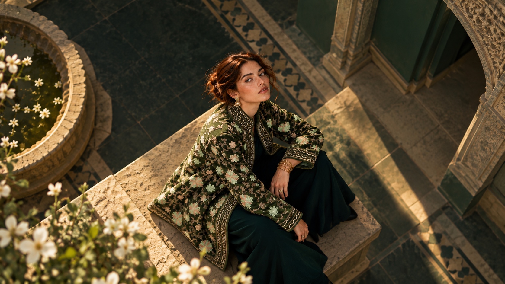 Seen from above, a model in a forest green embroidered jacket seated on a sandstone ledge in a patterned courtyard