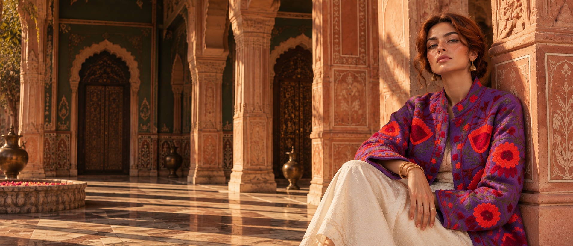 A model in a plum jacket with red circular motifs seated against a carved pillar, a long arcaded courtyard stretching behind her