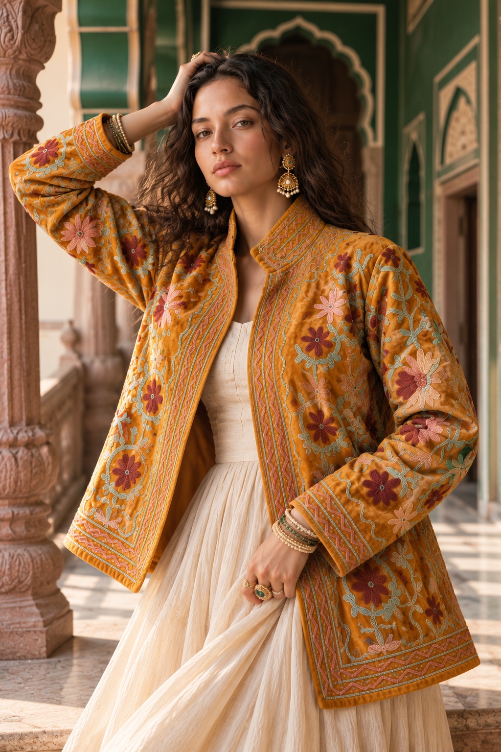 A model in a saffron jacket with embroidered florals, one hand raised to her hair, in front of a green arched doorway