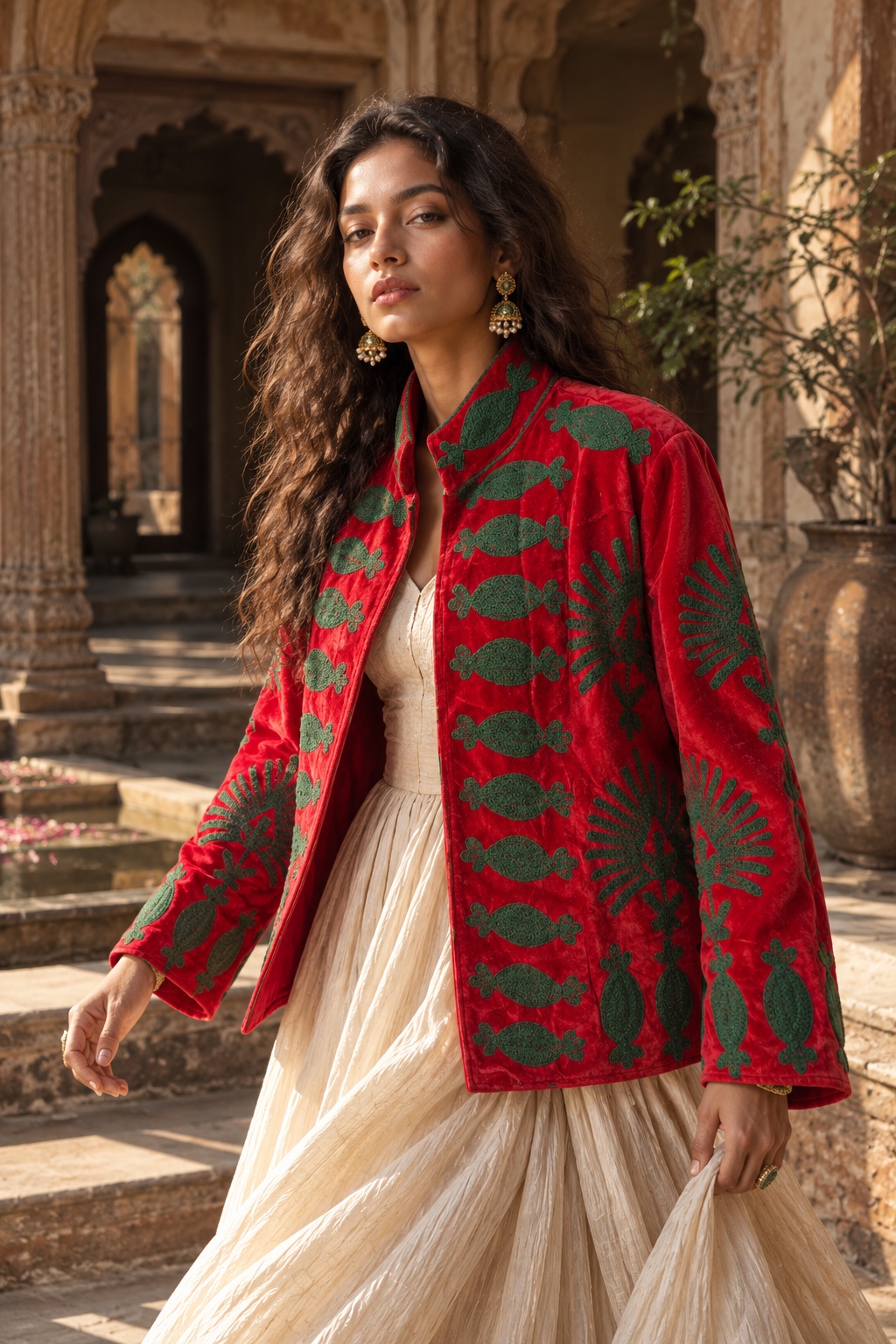 A model walking down sandstone steps in a vermilion jacket with green embroidered motifs