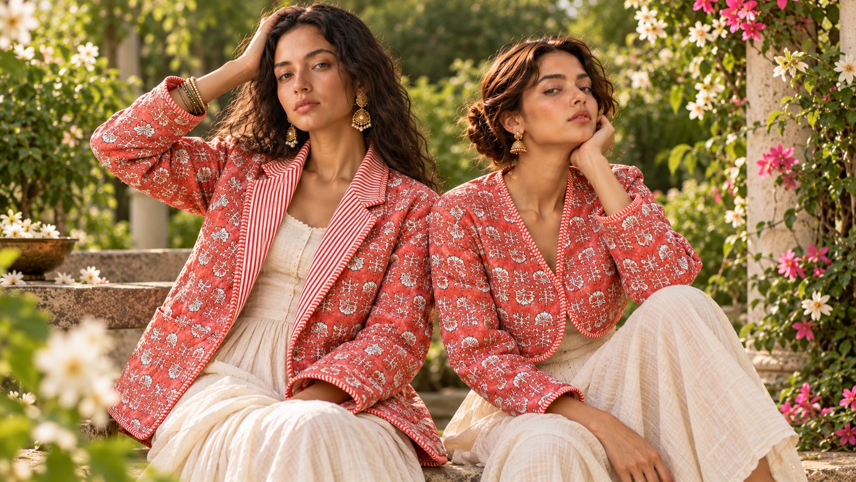 Two models in a sunlit garden in coral quilted jackets: a longer blazer with a striped lapel, and a cropped jacket