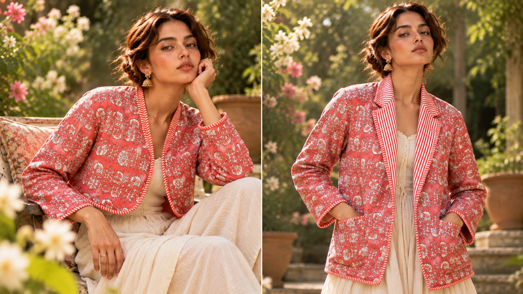 A model seated in a flowering garden in a cropped coral quilted jacket with a floral print and striped edging