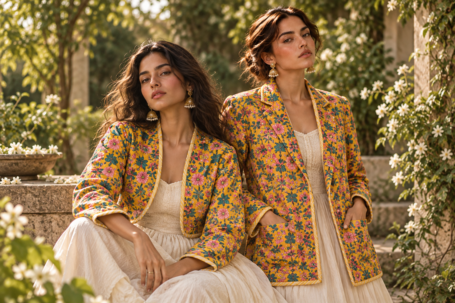 Two models in a sunlit garden in yellow floral quilted jackets, one seated, one standing with her hands in her pockets