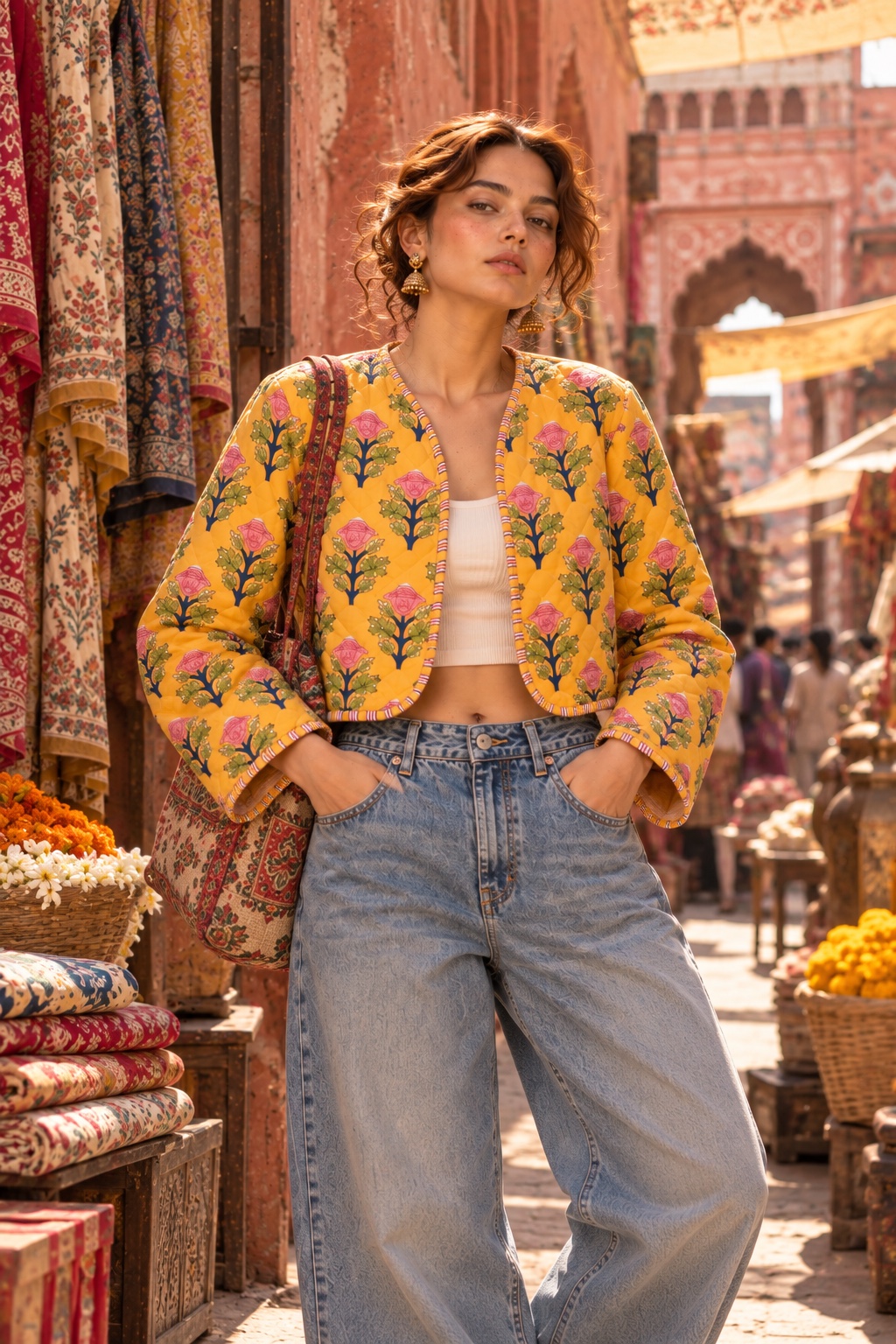 A model in a cropped yellow quilted jacket and wide jeans on a Jaipur market street