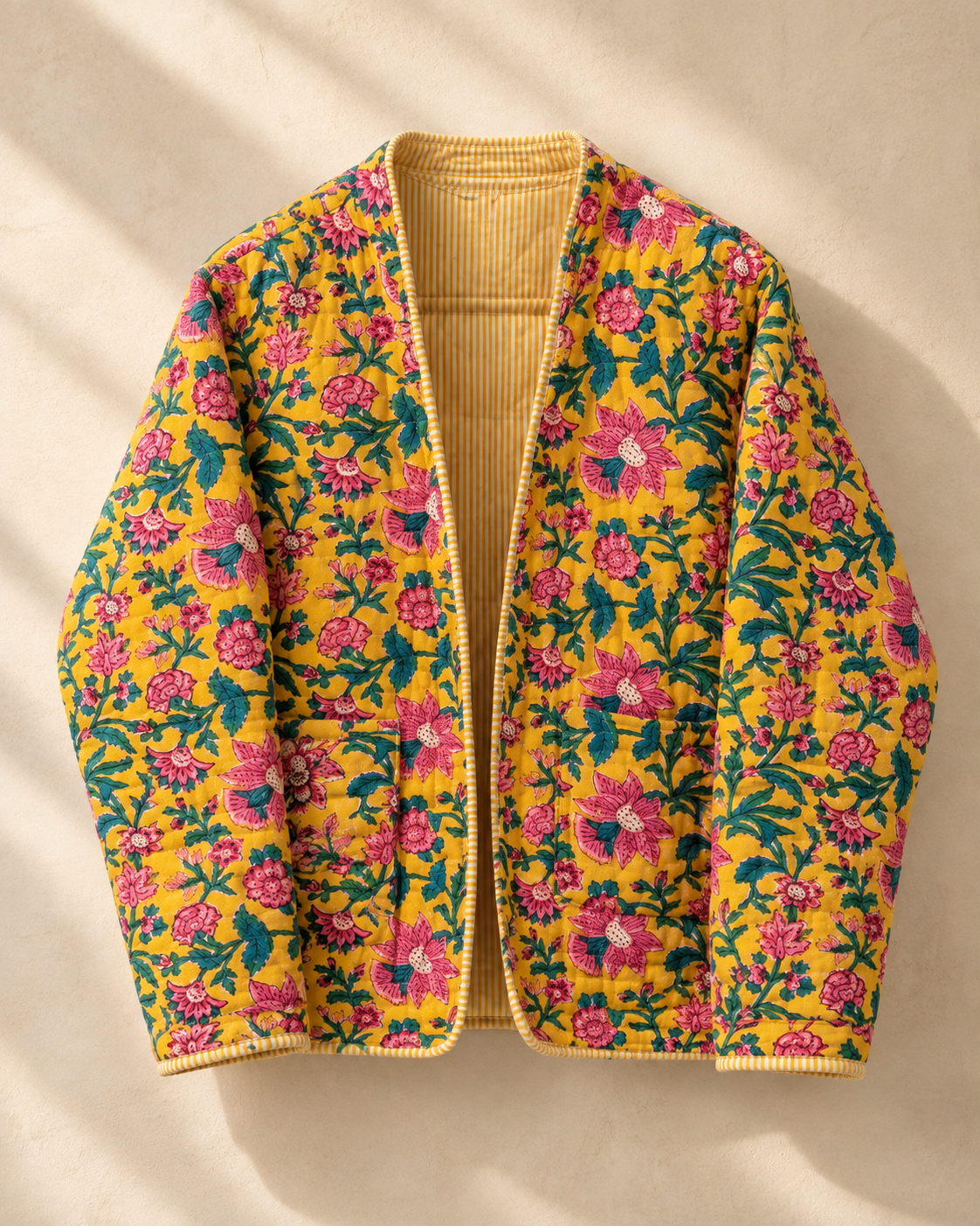 Whole yellow floral quilted jacket, front view