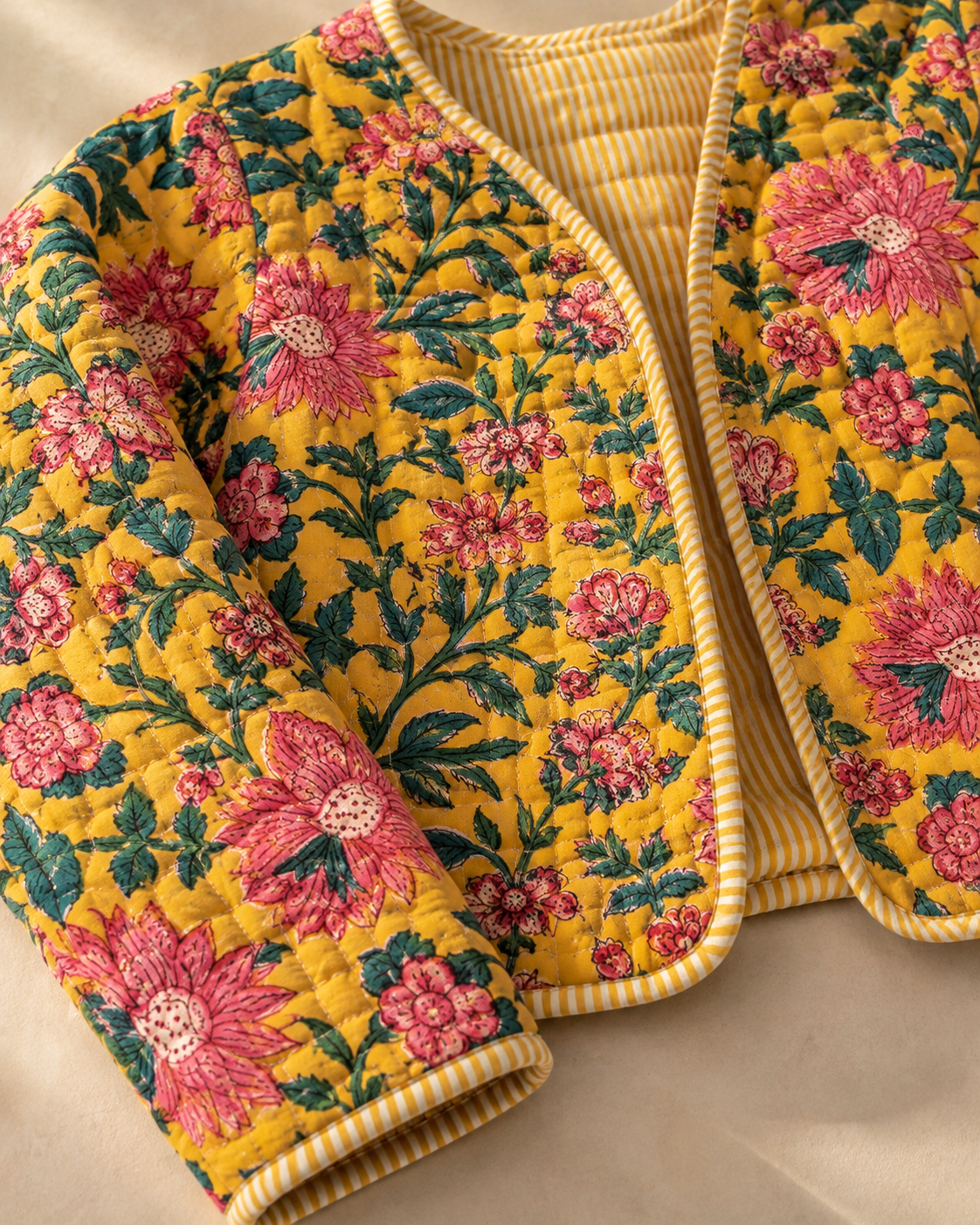 Floral pattern across the quilted jacket