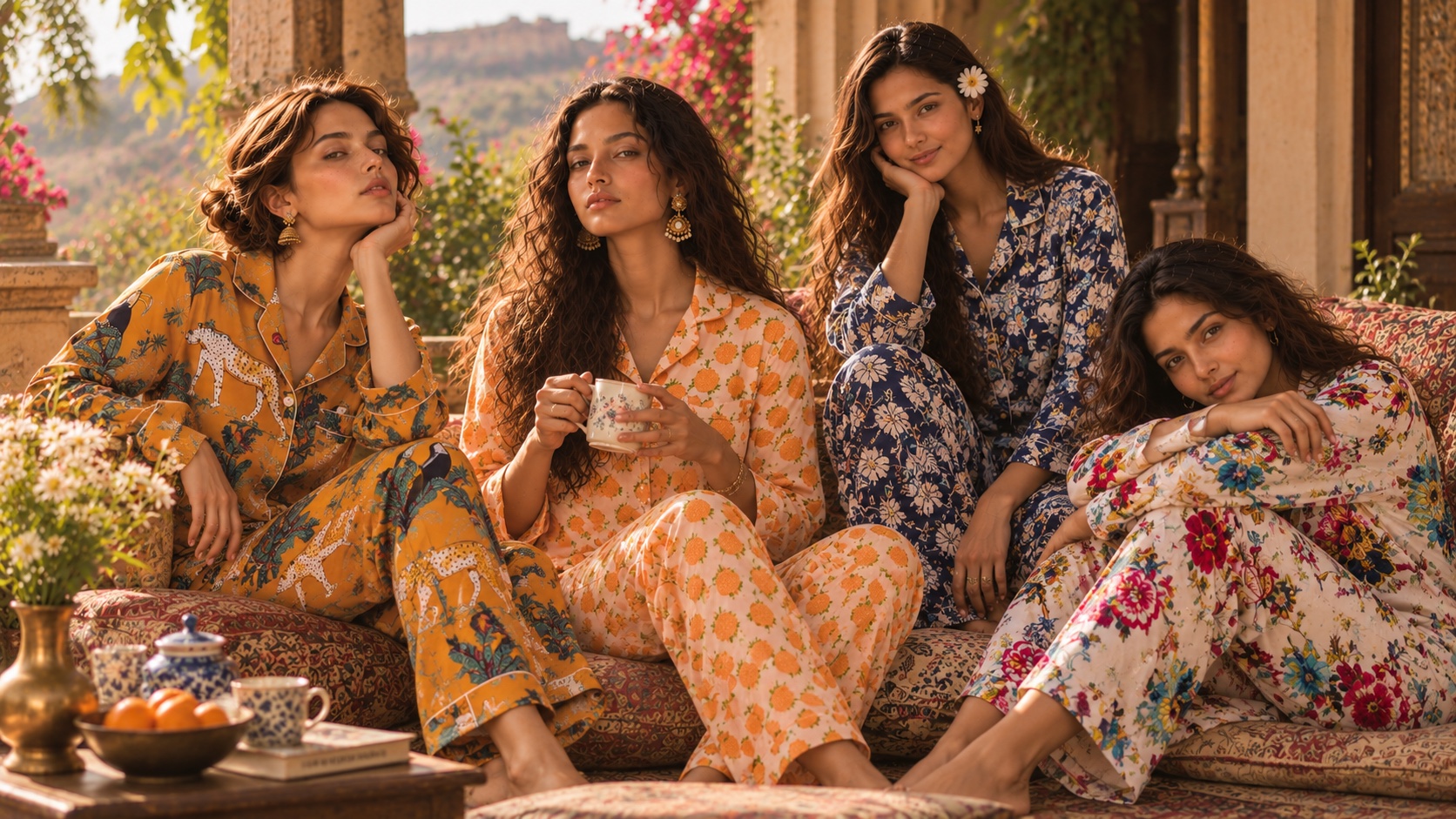 Four women in printed loungewear sets seated on a cushioned terrace with tea and oranges, the hills of Jaipur behind them