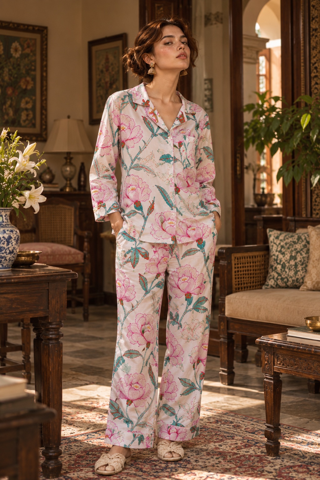 A woman in the Lilly set, pink blooms on blush, standing in a furnished room with carved wooden pieces