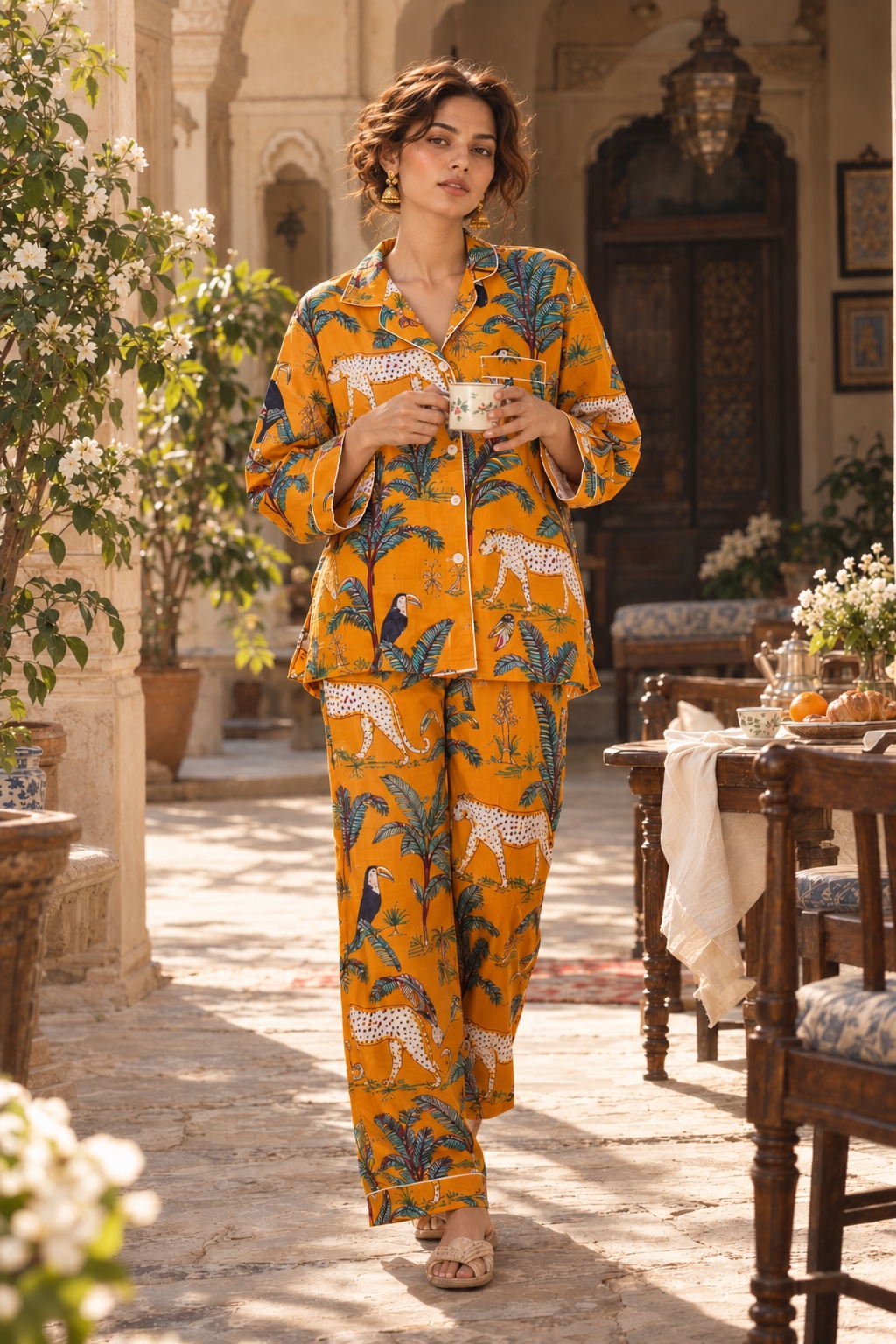 A woman in the Tiger set, a saffron print of leopards and palms, holding a cup of tea in a sunlit courtyard