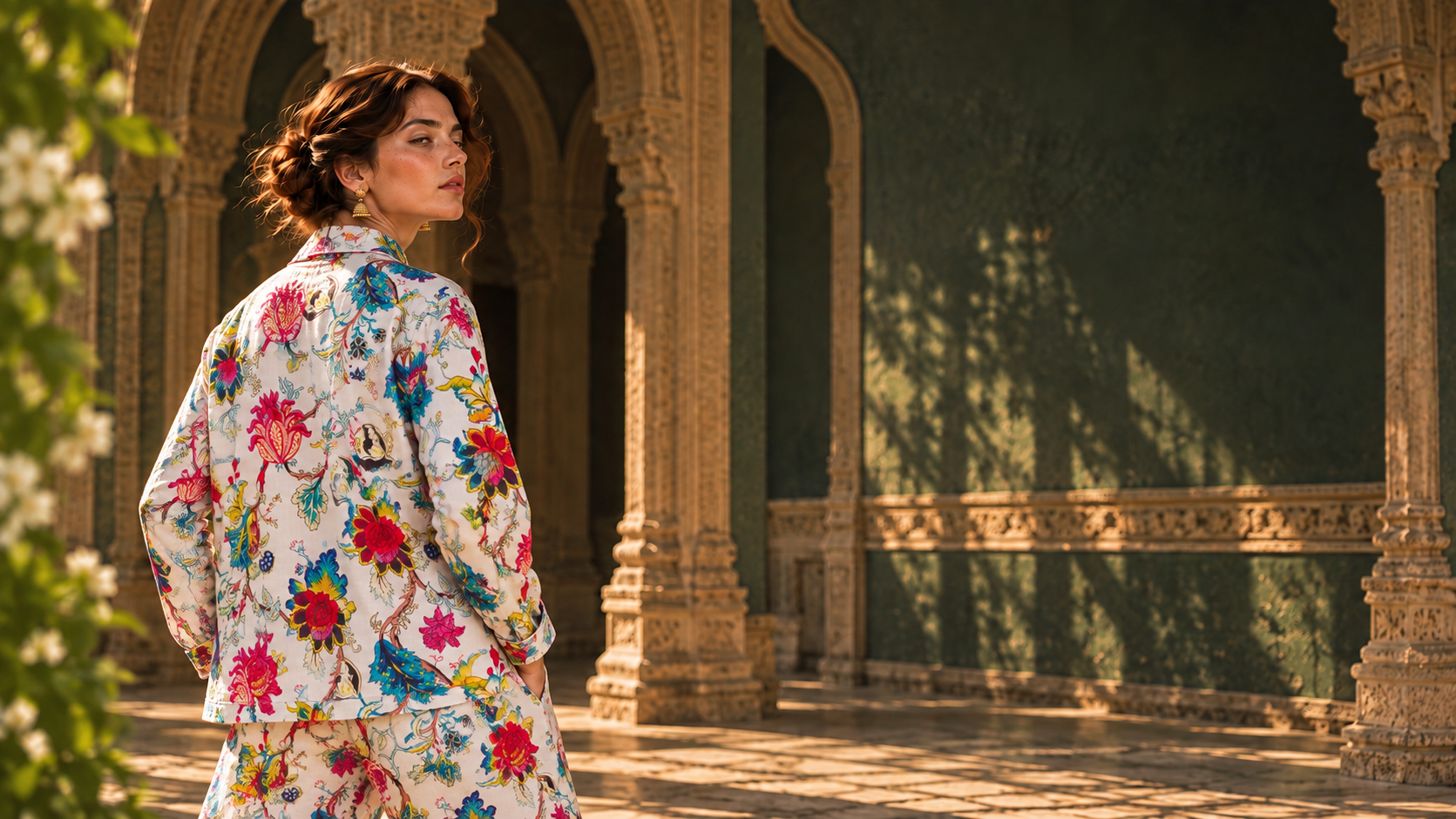 A model in a House of Khans ivory jacket embroidered with birds and botanical vines, walking through a sandstone colonnade